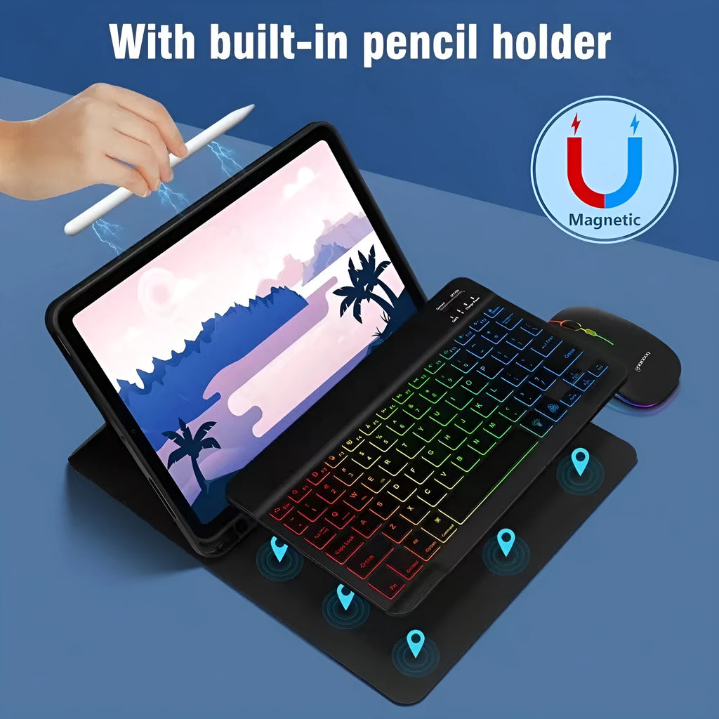 iPad in a black TPU protective case with a connected luminous RGB backlit Bluetooth keyboard on a table.