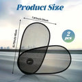 Black stretchy car side window sunshade for babies attached with suction cups, shown in a compact stored size