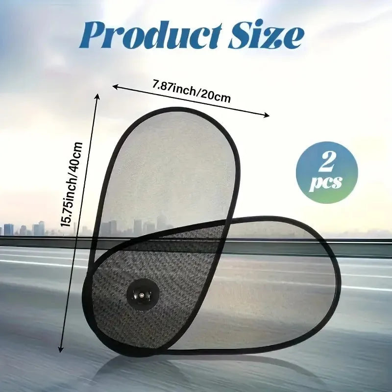 Black stretchy car side window sunshade for babies attached with suction cups, shown in a compact stored size