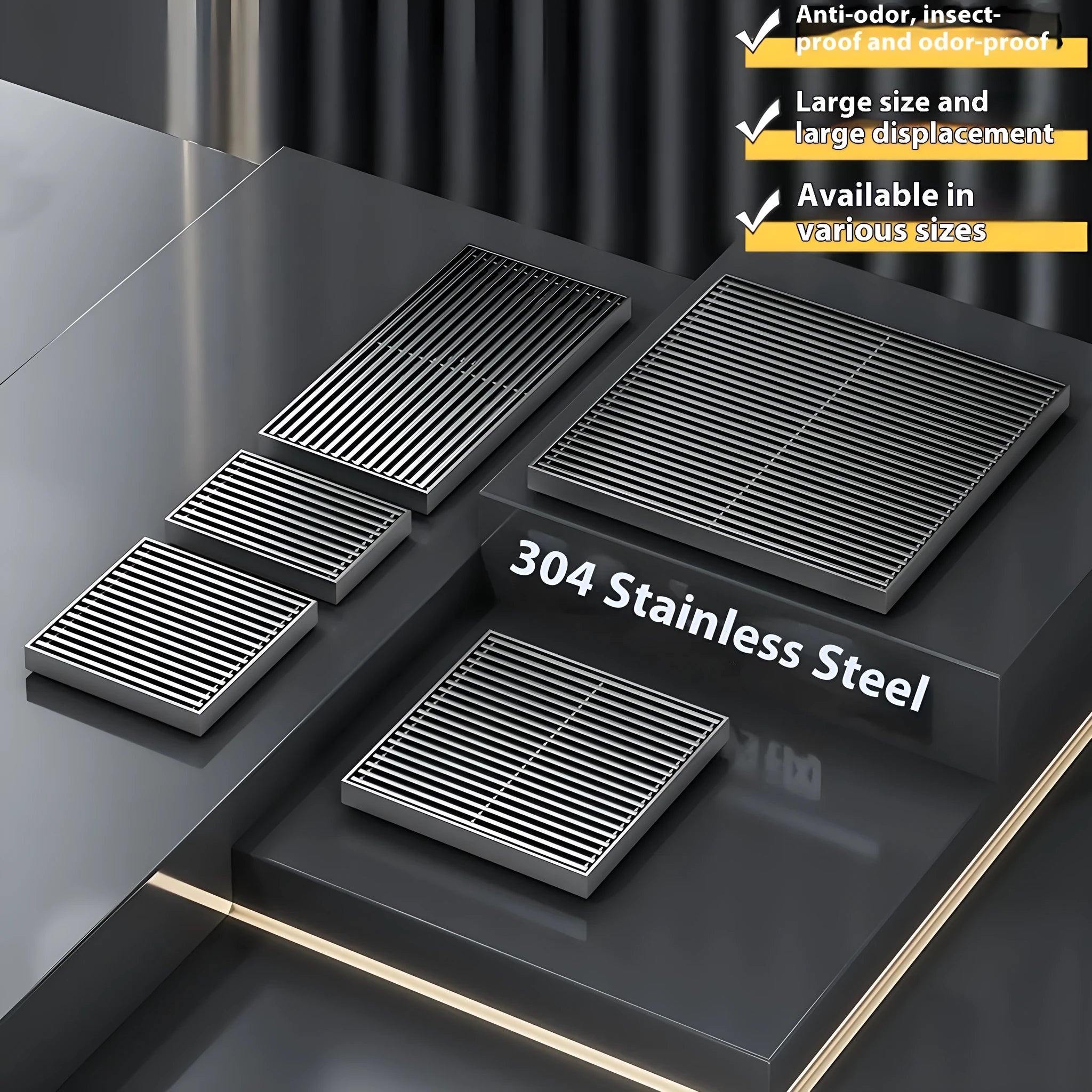 Gun grey 304 stainless steel courtyard floor drain measuring 15cm by 15cm.