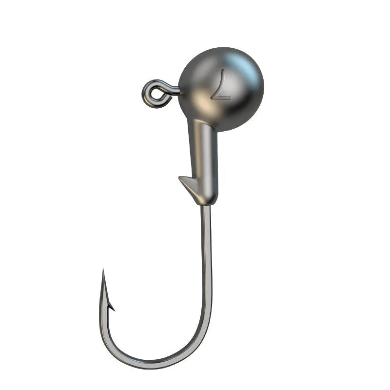50-piece jig hook fishing set with lead heads in primary colour showing three steel construction variants