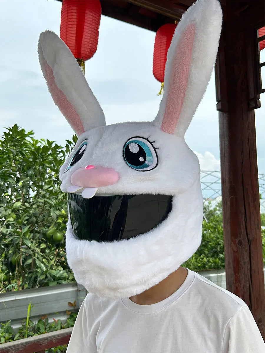 White rabbit head helmet cover with long ears made from plush PP cotton material