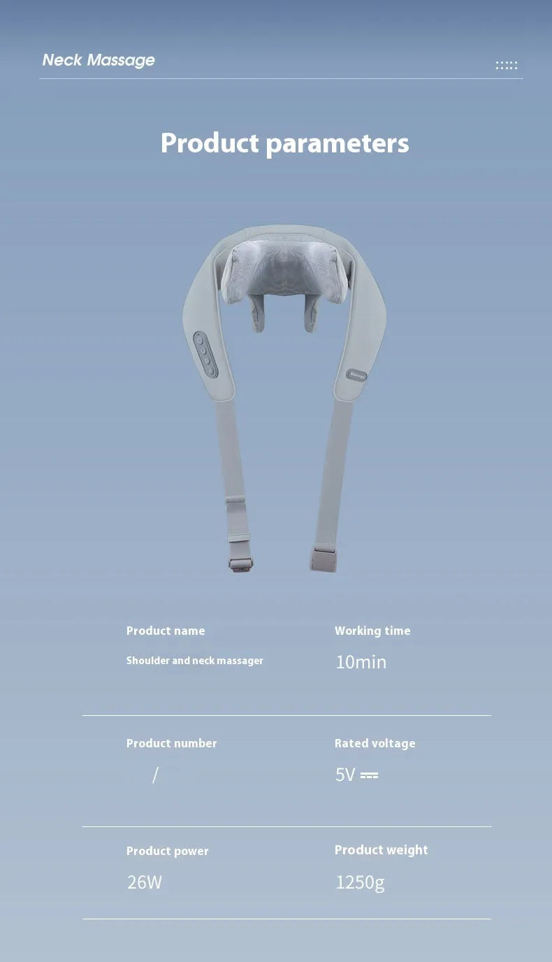 Grey USB-powered neck and back massager with elastic fabric and two-speed controls