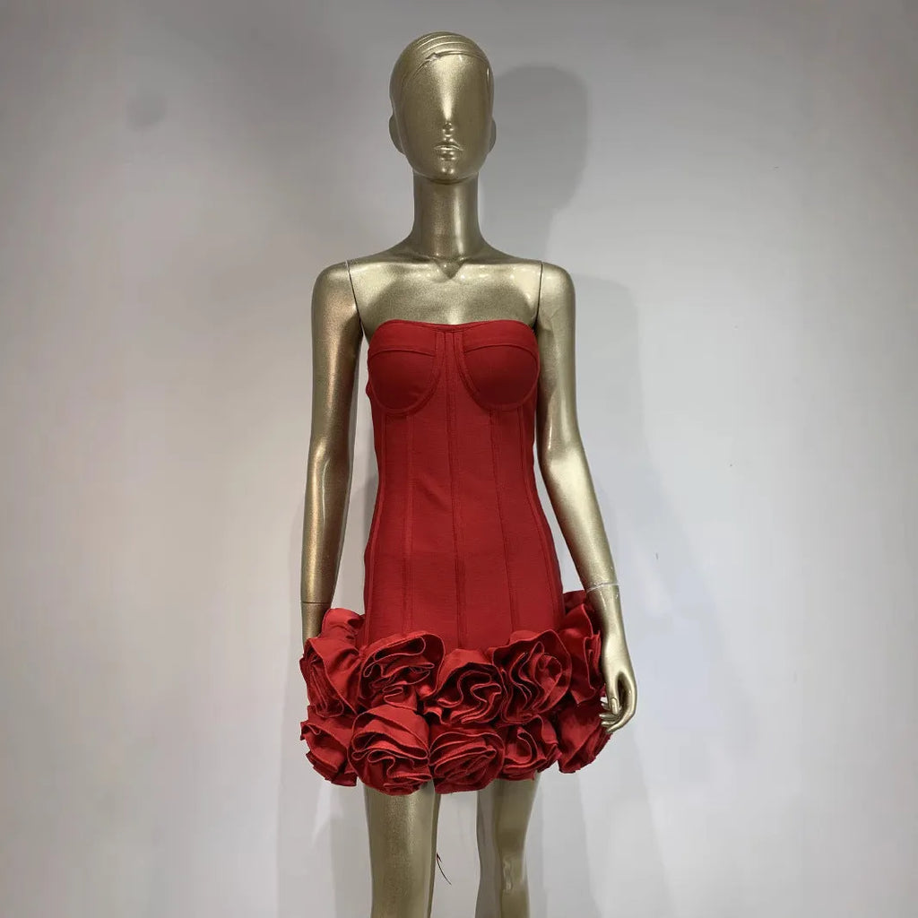 Women's solid colour polyester dress in red white or black with mid waist design