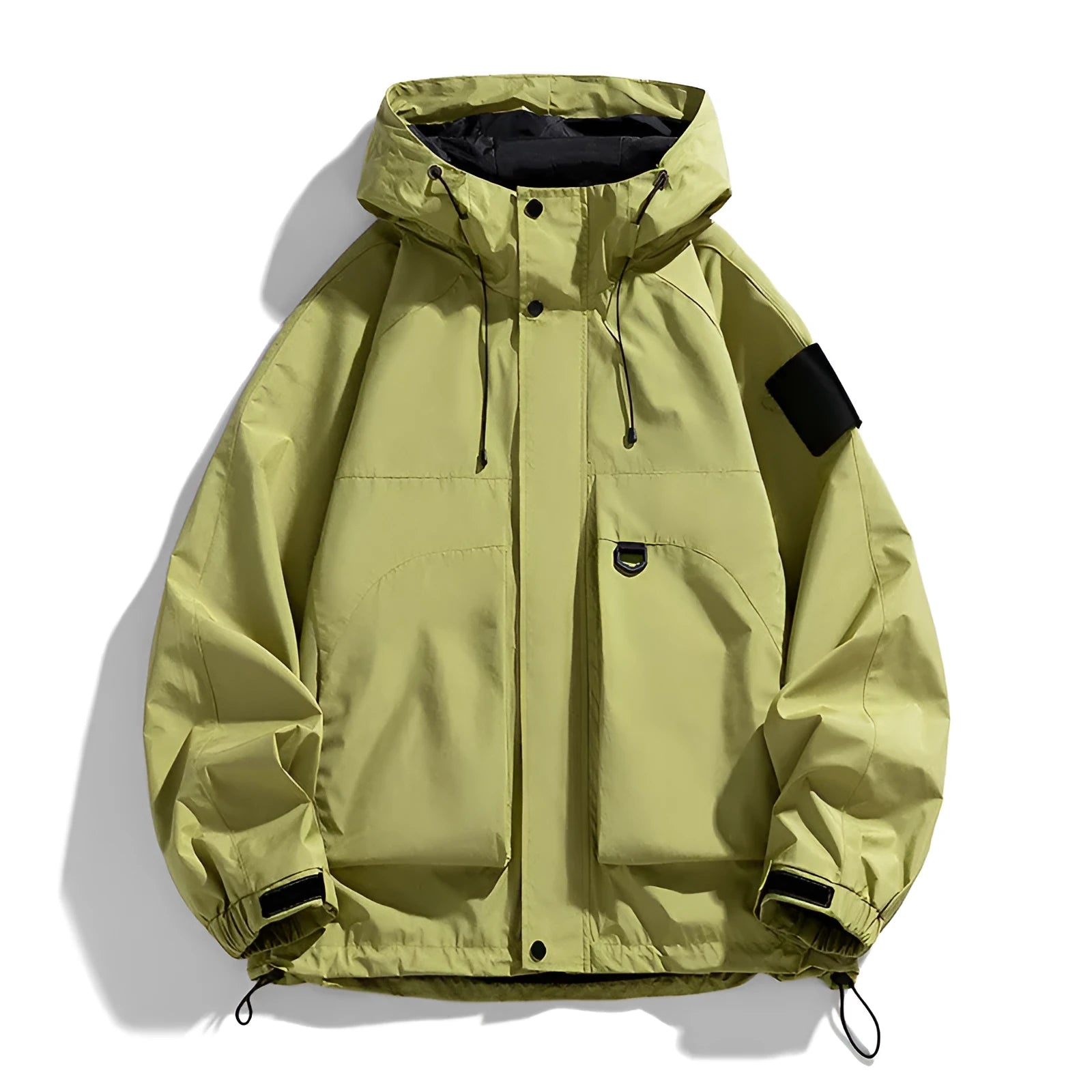 Men's waterproof windproof hooded coat in black colour showing regular length and long sleeve design