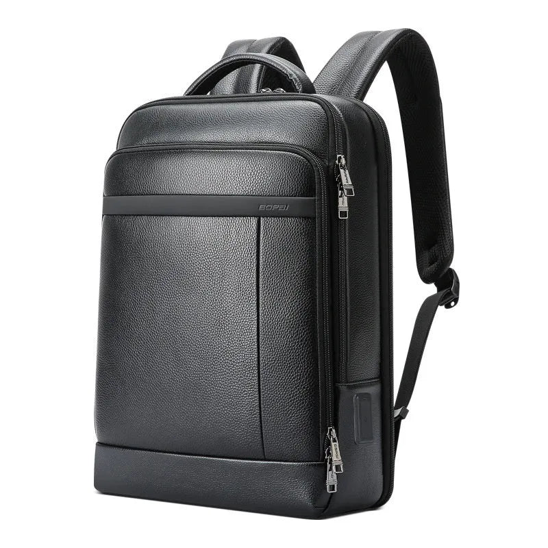 Black cowhide leather business backpack with USB port and curved shoulder straps