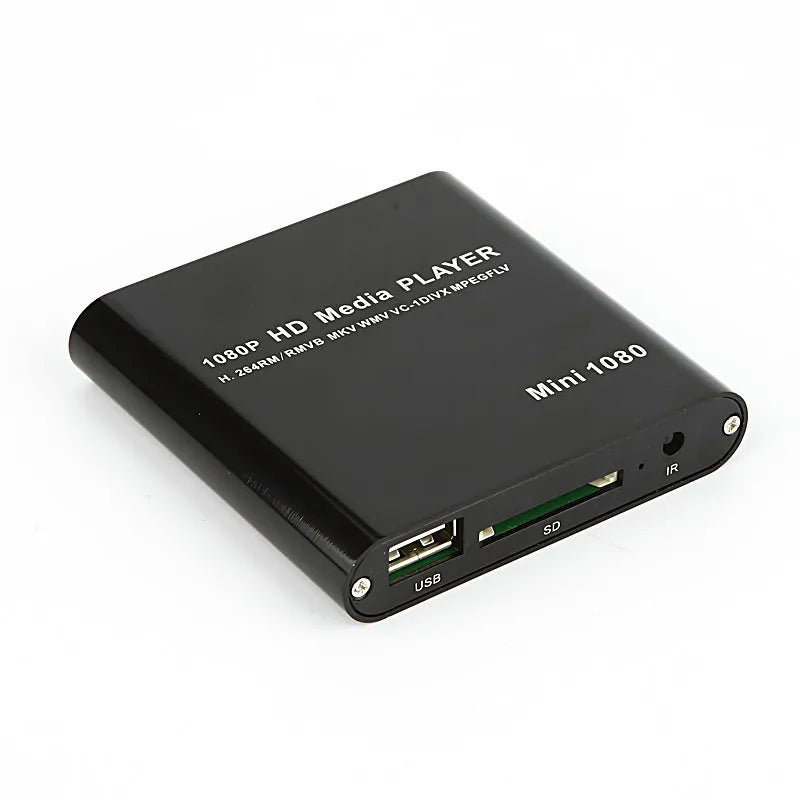 Compact blue 1080P HDMI media player with SD card and USB ports