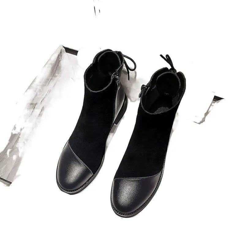 Black women's knee-length Martin boots with side zipper and round toe