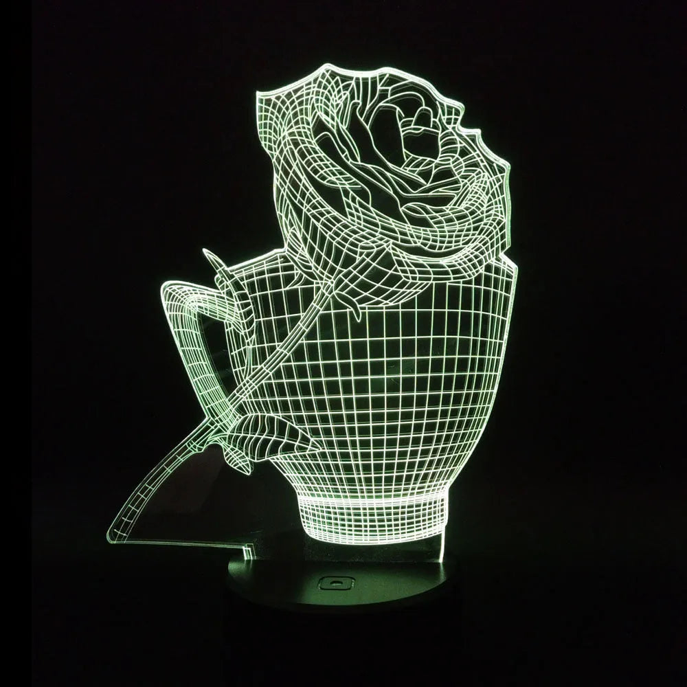 3D rose design night light on a black base showing multicolour gradient illumination.