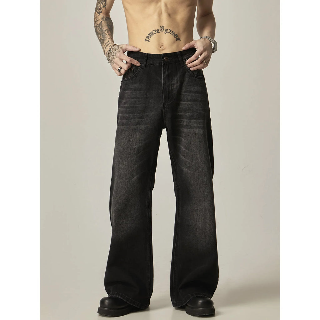 American retro black loose straight jeans with zipper fly on size chart