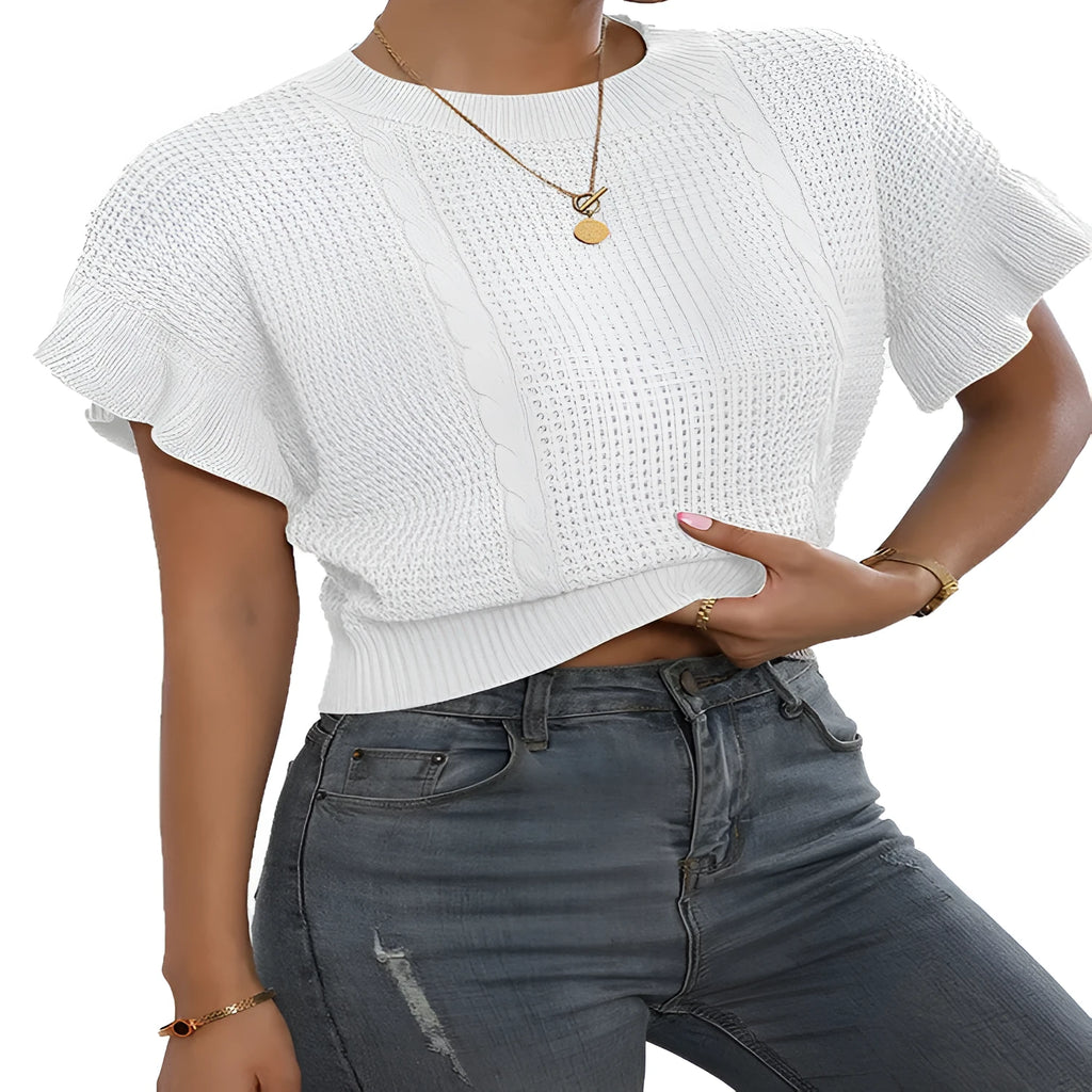 Twisted string ruffle sleeve knitted pullover sweater in loose casual fit