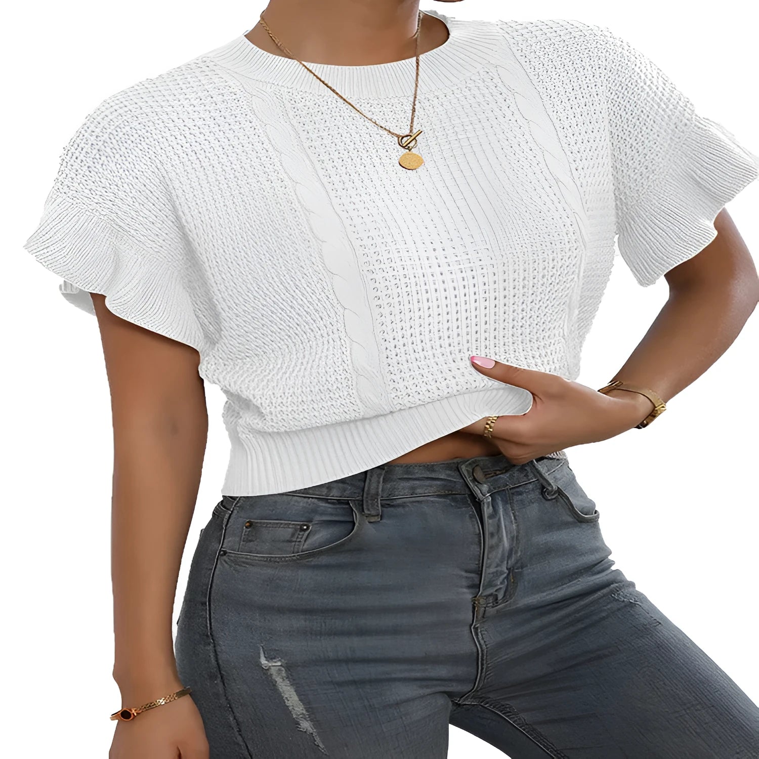 Twisted string ruffle sleeve knitted pullover sweater in loose casual fit