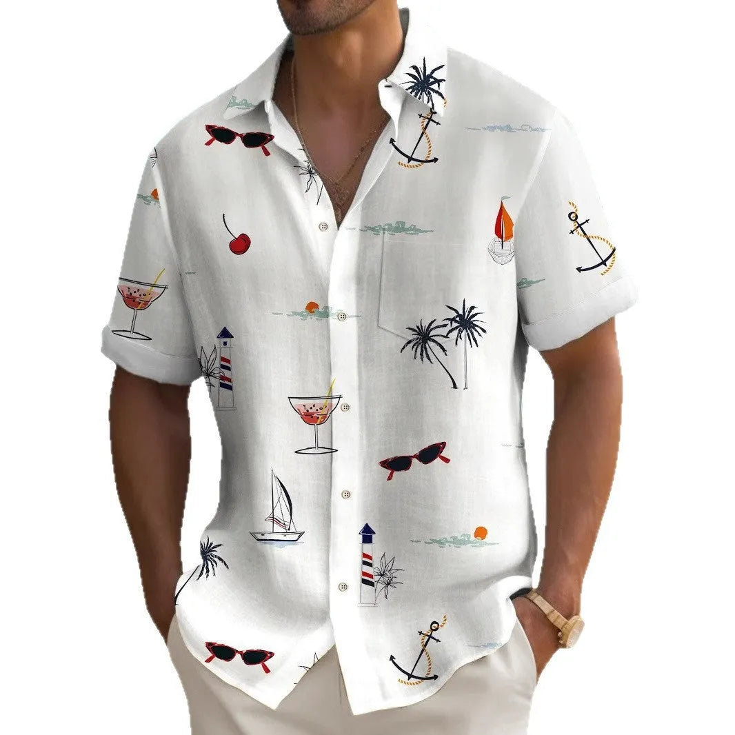 Man wearing loose fit Hawaiian shirt with digital print pattern, short sleeves, polyester fabric.