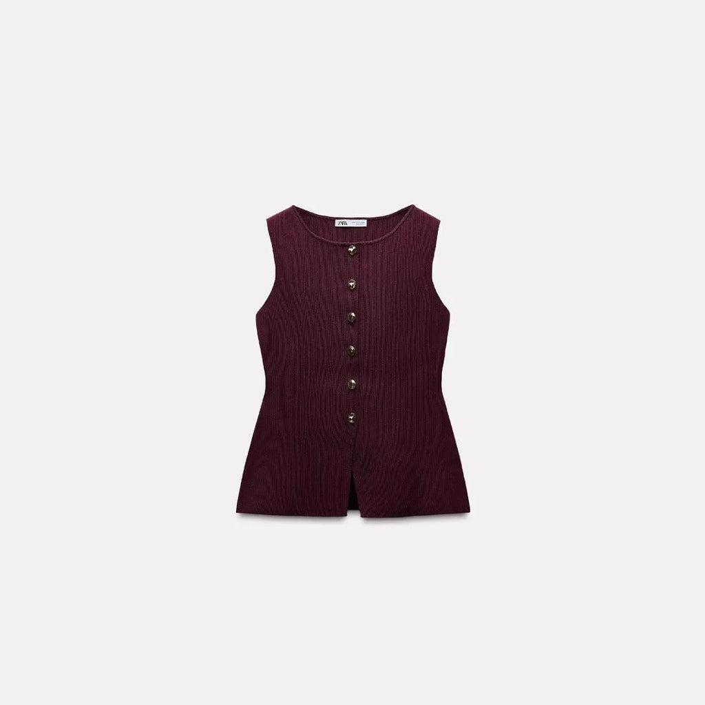 Dark red slim fit viscose cardigan vest with 3D pattern, shown on a hanger.