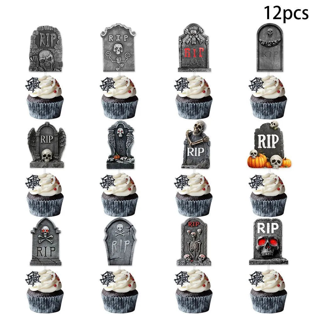 Halloween cake decoration flags, 12 paper tombstone-style small flags in Style 1 and Style 2