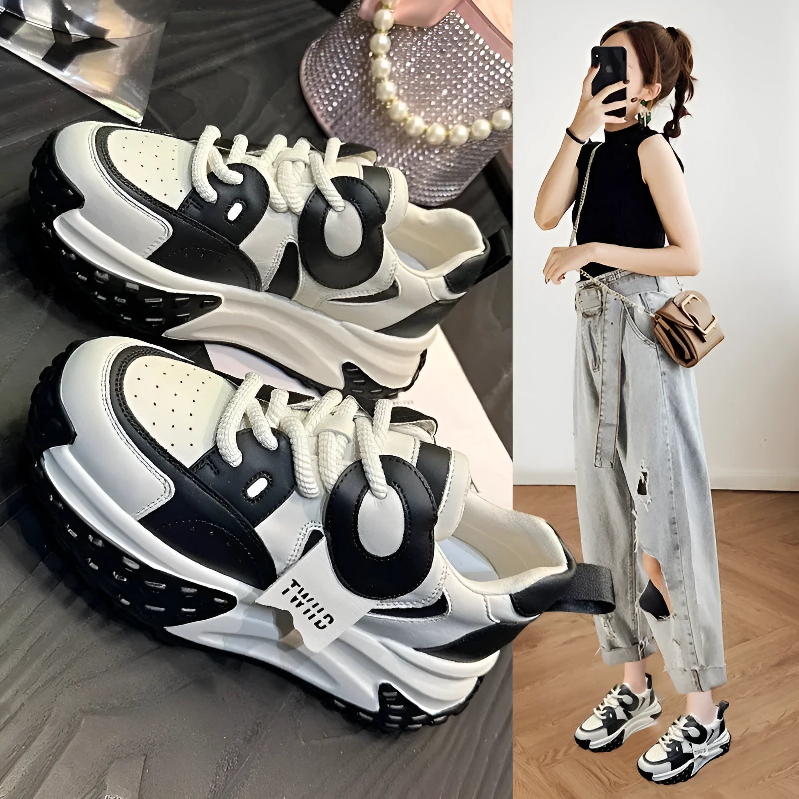 Leather sports casual shoes with thick wedge soles in silver, carmine, black coffee, and black and white colours