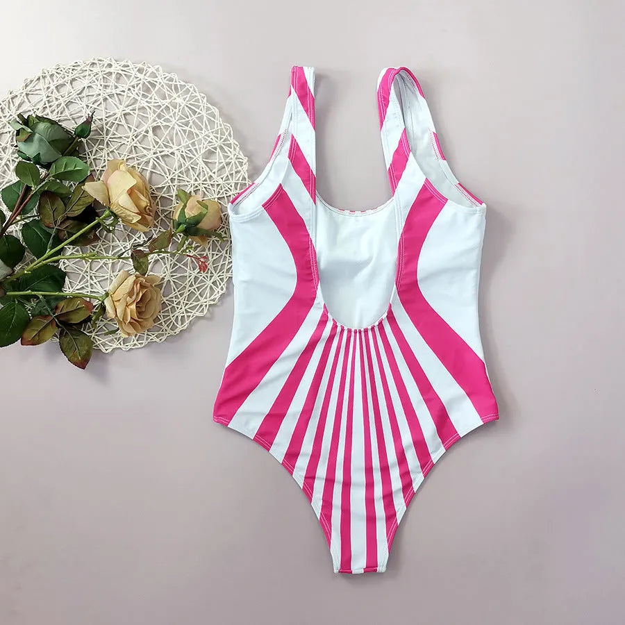 Women's pink striped one-piece swimsuit with digital front and rear printing
