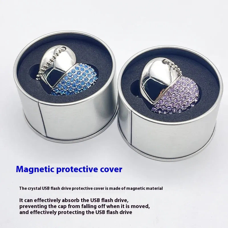 Heart-shaped USB flash drive with a brick-inlaid pattern on a metal shell, shown in multiple colour options.