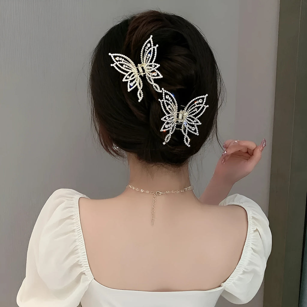 Butterfly hair clip for women in alloy with rhinestone or pearl decoration