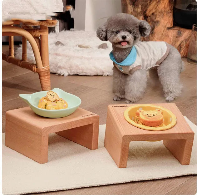 Beech heightened pet bowl rack with one ceramic polka dot bowl in beige, black, or colour option, shown as a raised feeding stand