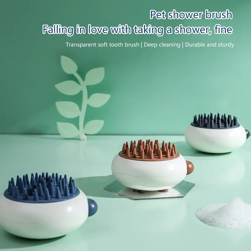 Panda-shaped silicone pet bath brush with soft bristles for cats and dogs in blue.