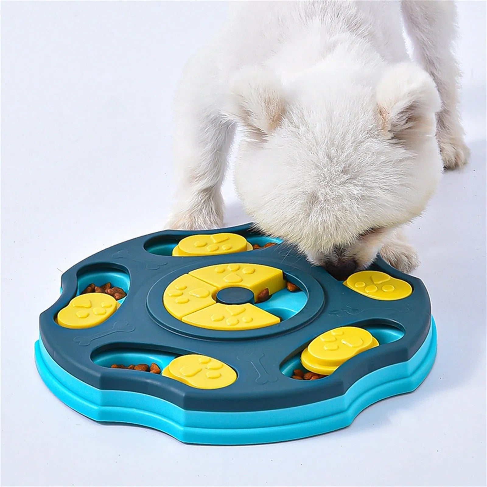 Blue and pink dog puzzle toy feeding bowl for aggressive chewers with treat compartments