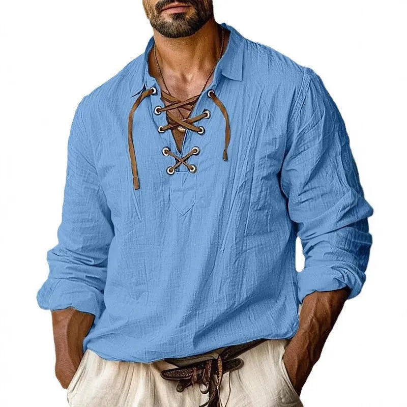 Men's loose fit blue linen blend shirt with lace-trimmed lapel collar and long sleeves.