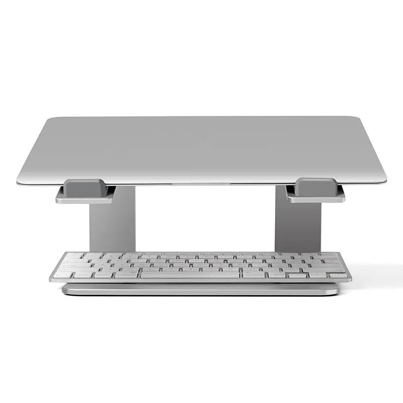 Black aluminium alloy laptop stand with ventilation slots on desktop