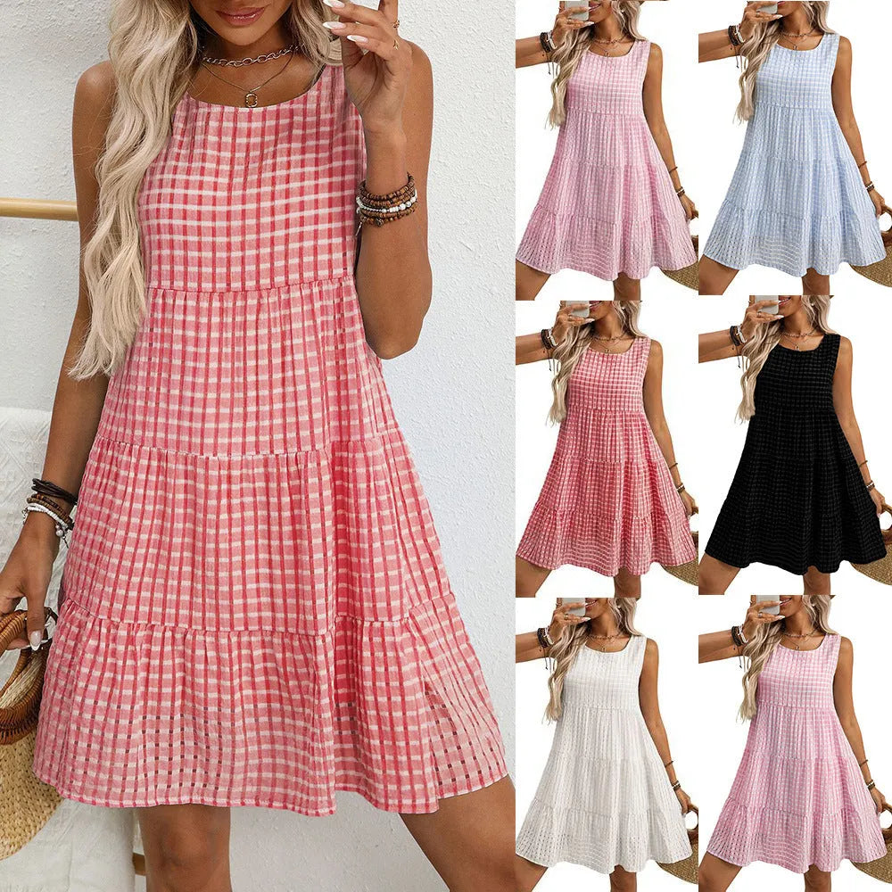 Women's sleeveless high-waist plaid dress with hollow-out texture and mid-length swing skirt in light blue
