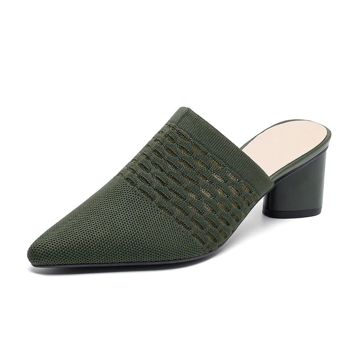 Women's black pointed toe sandals with a toe cap and a chunky 5cm block heel.