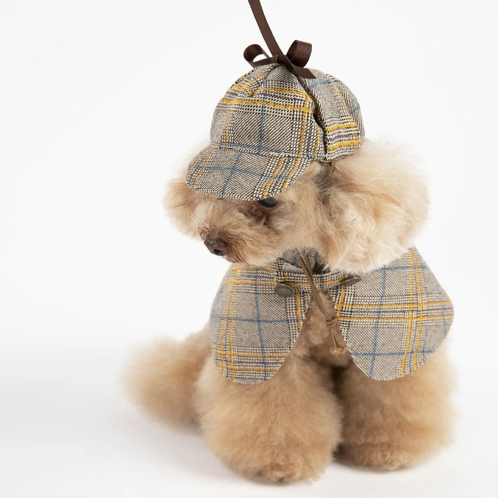 Camel coloured cotton pet cloak with adjustable hat for small dogs in spring and autumn