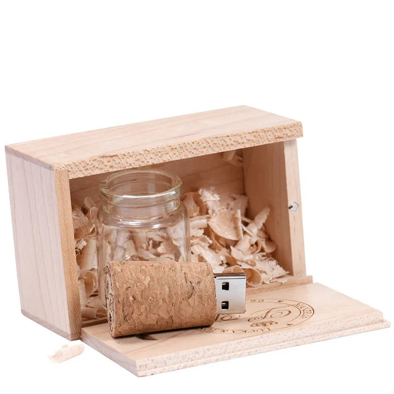 Chocolate brown wooden USB flash drive in drift bottle shape with personalised graphics option