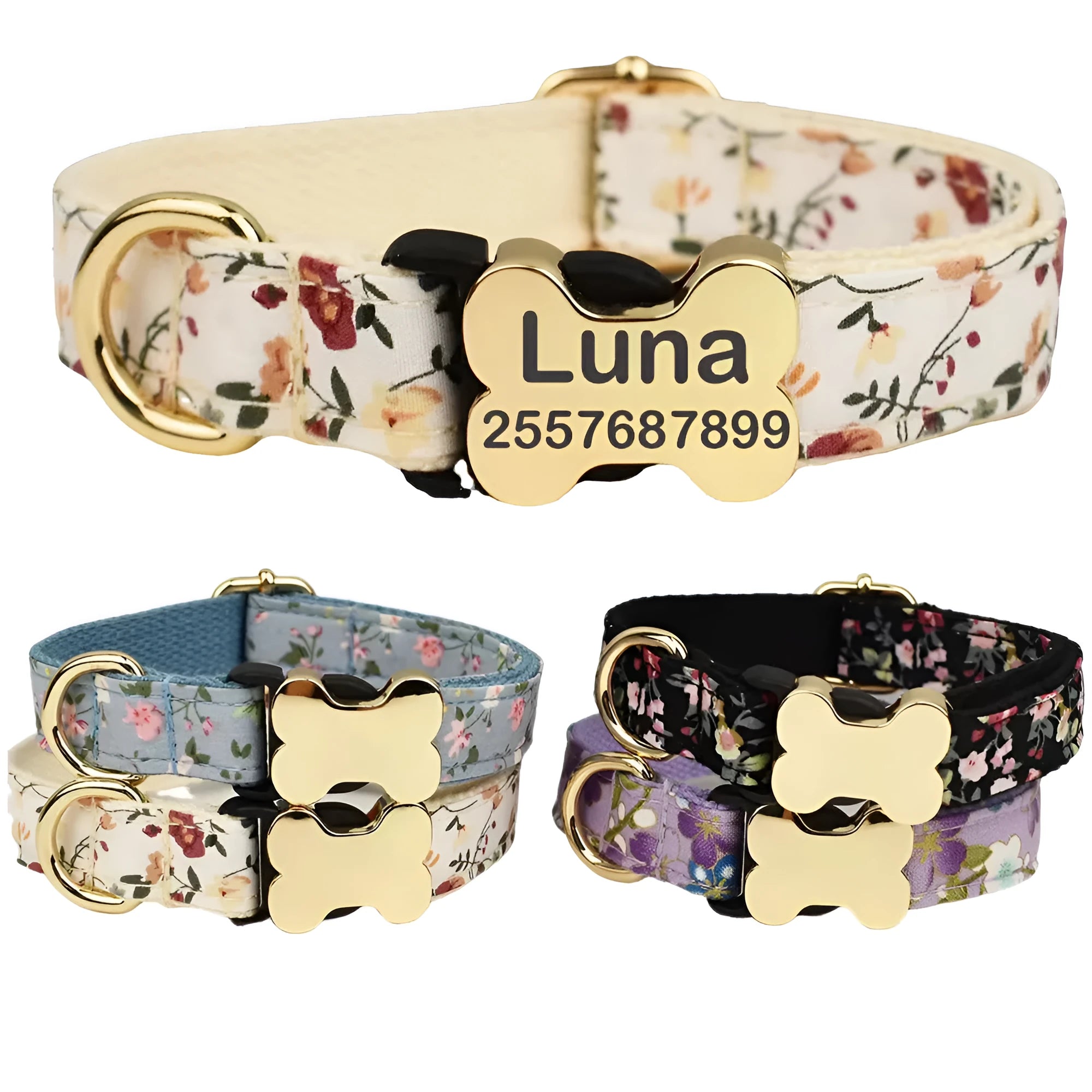 Nylon dog collar with bone buckle and printed grid design in multiple colour options
