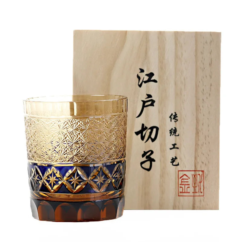 Hand carved whiskey crystal glass in Japanese style with amber colour options, single glass