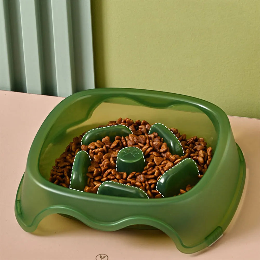 Plastic dog slow feeder bowl in blue, grey, green, or orange with anti-choking maze design