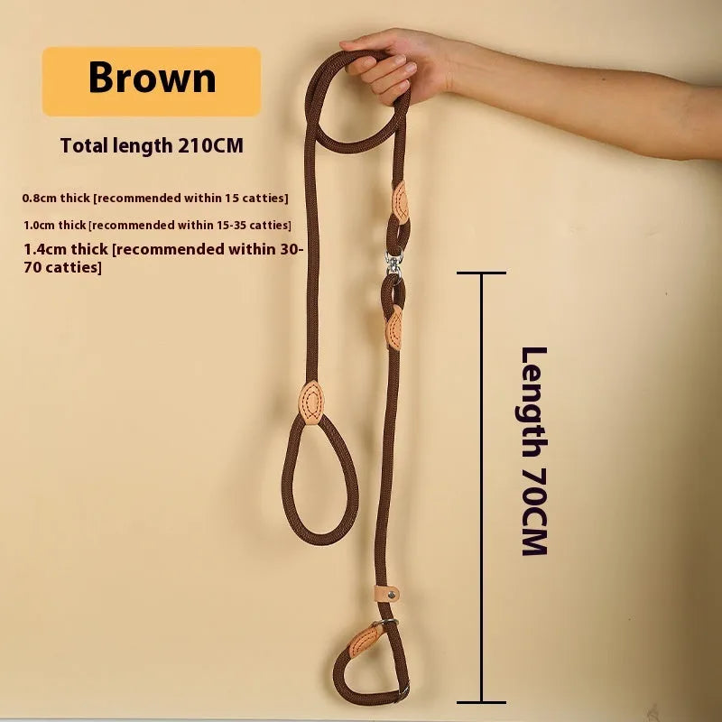 Brown nylon P chain dog leash with hand holding rope measuring 2.1 metres