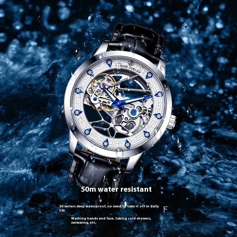 Men's silver mechanical watch with white dial, blue luminous hands, black leather strap, and waterproof construction