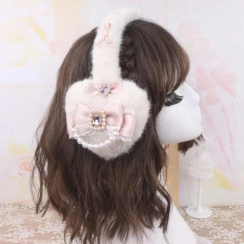 Plush heart bow tie earmuffs 11x11cm in black, light meat powder, and milky white