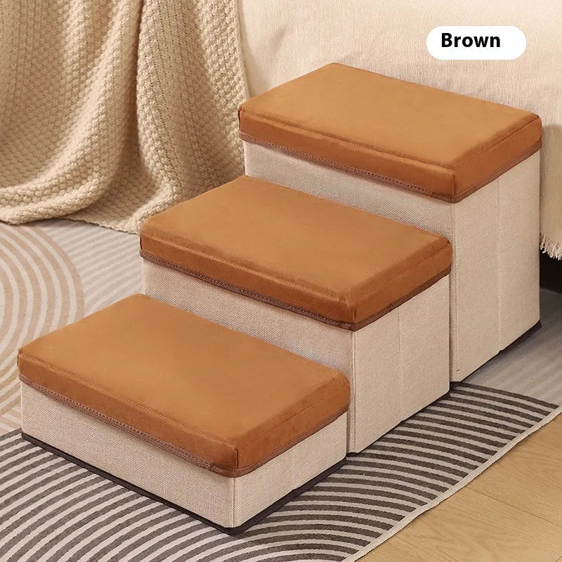 Foldable three-level dog stairs in brown or grey with cloth cover and non-slip surface