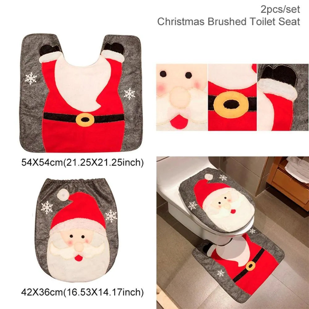 Christmas bathroom decoration set with Santa Claus toilet seat cover, floor mat and shower curtain in red flannel fabric