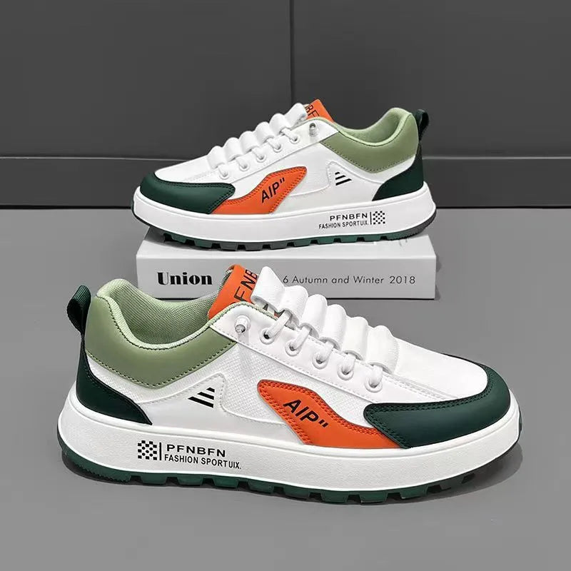 Men's white casual shoes with orange accents, artificial PU upper and round toe