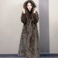Loose-fitting plus size long faux fur coat in brown leopard print colour, showing regular sleeves and long hem.