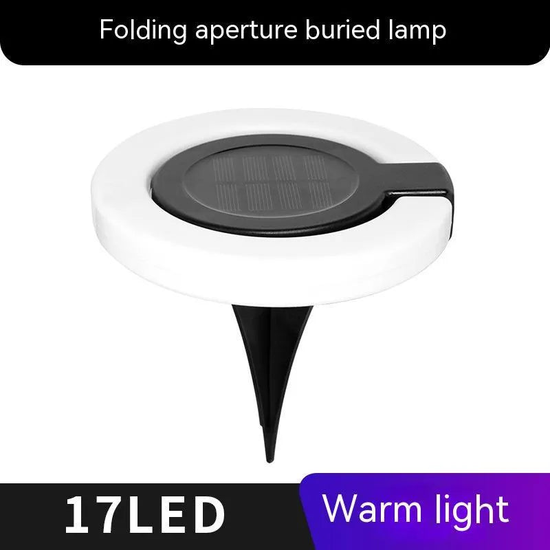 Solar underground outdoor light with waterproof ABS PS construction showing dimensions and installation options