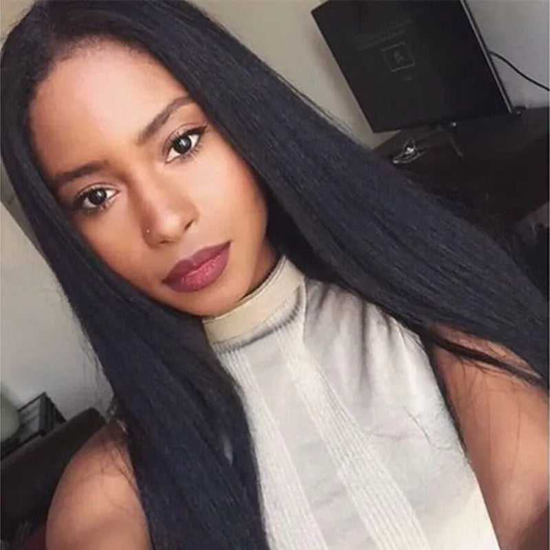 Long black straight hair wig with centre-parted bangs on a mannequin head.