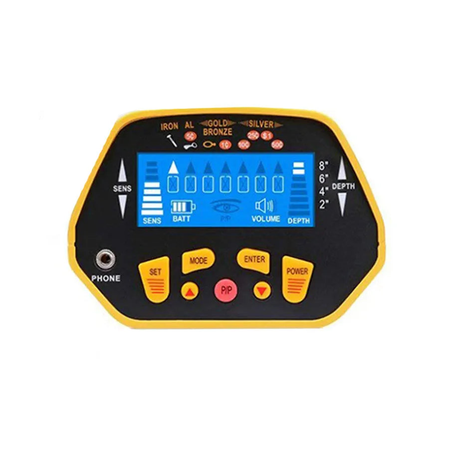 GC1028 black and yellow professional metal detector with LCD display and waterproof search coil on adjustable pole.