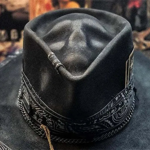 Wool felt conical crown hat with woven denim-inspired skull pattern, handmade Halloween accessory