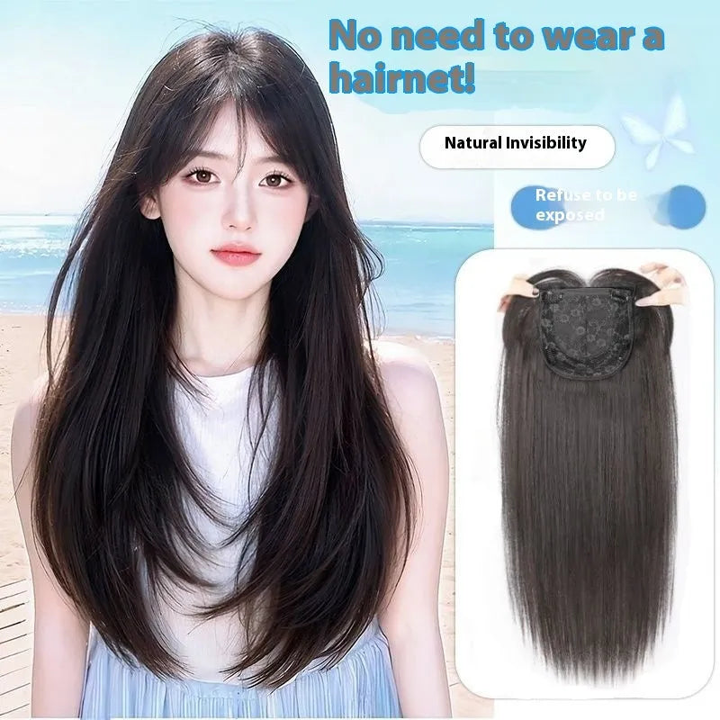 Women's black long straight full-head wig with high-layered styling on display