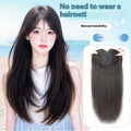 Women's black long straight full-head wig with high-layered styling on display