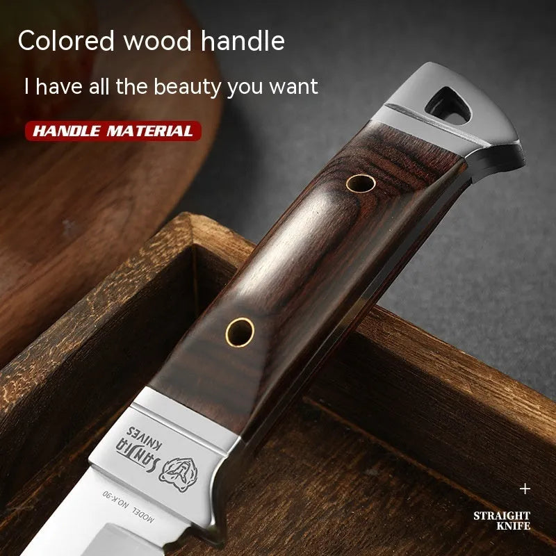 Stainless steel camping fruit knife with national style design in its leather case.