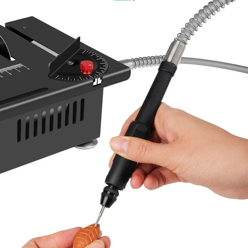 Lithium ion micro household desktop saw with metal construction and angle adjustment feature